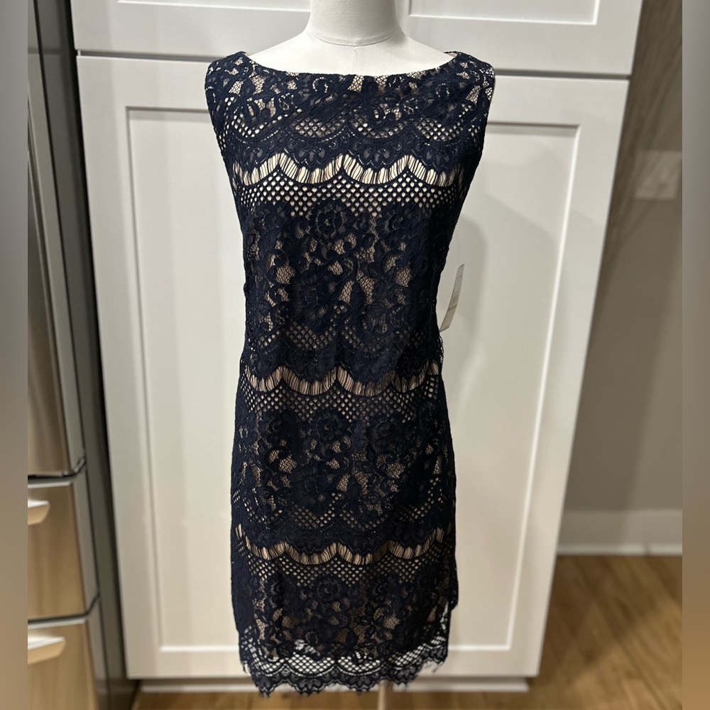 NWT Jessica Howard Navy Blue Crochet Dress With Nude Shell